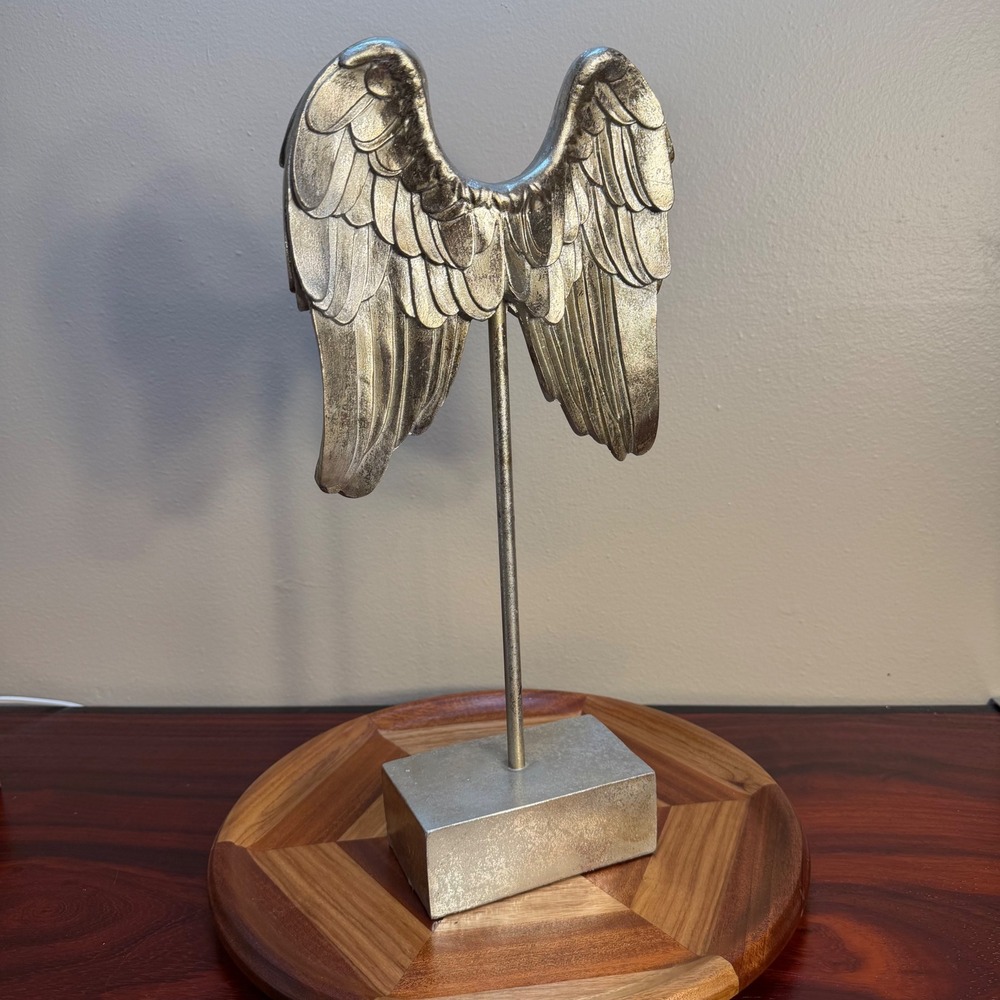Silver Angel Wings Sculpture on Stand Distressed Metallic Home Decor Figurine